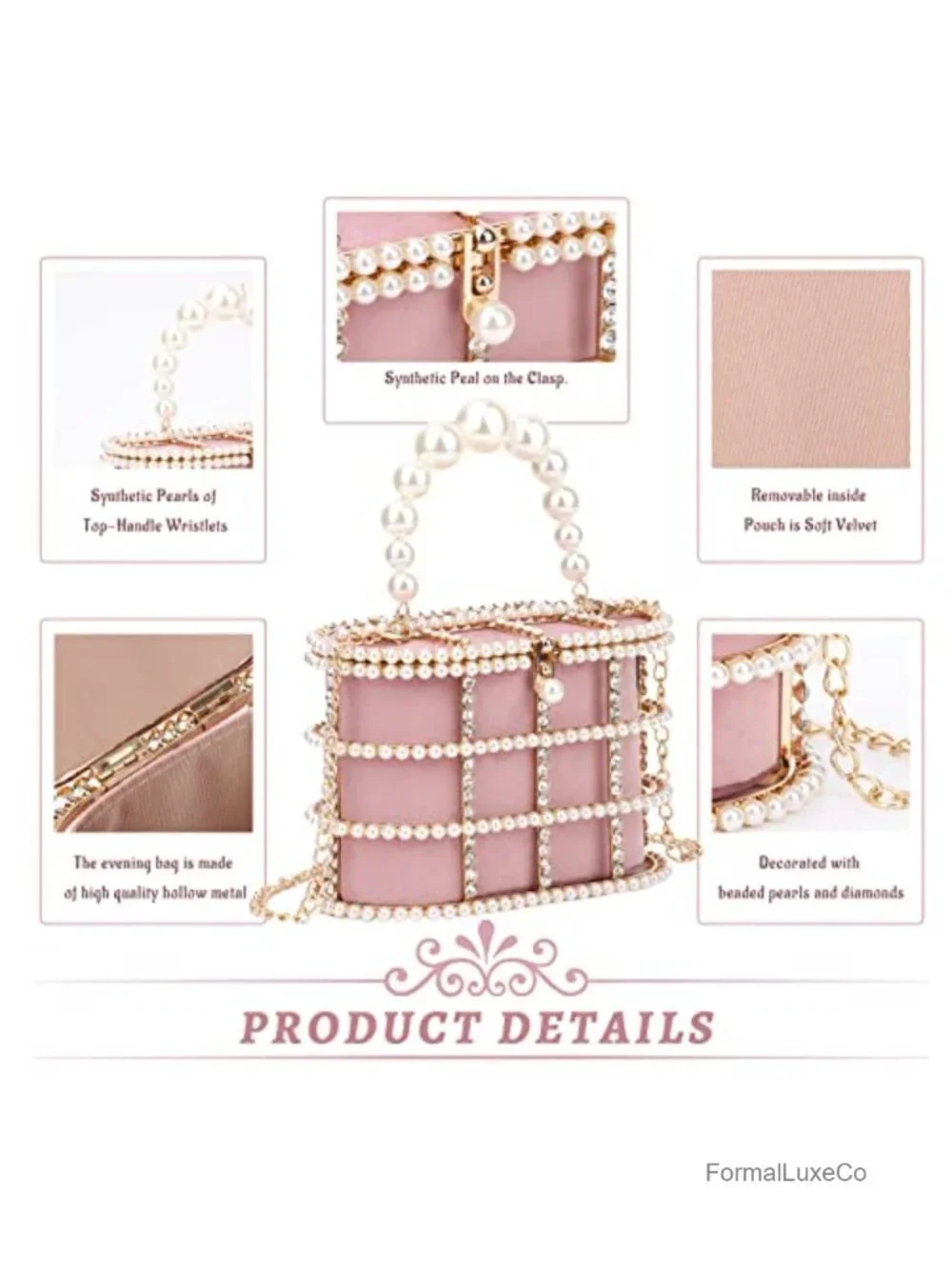 Metal Crystal Pearl Evening Clutch Bucket Bag Wedding Prom Party